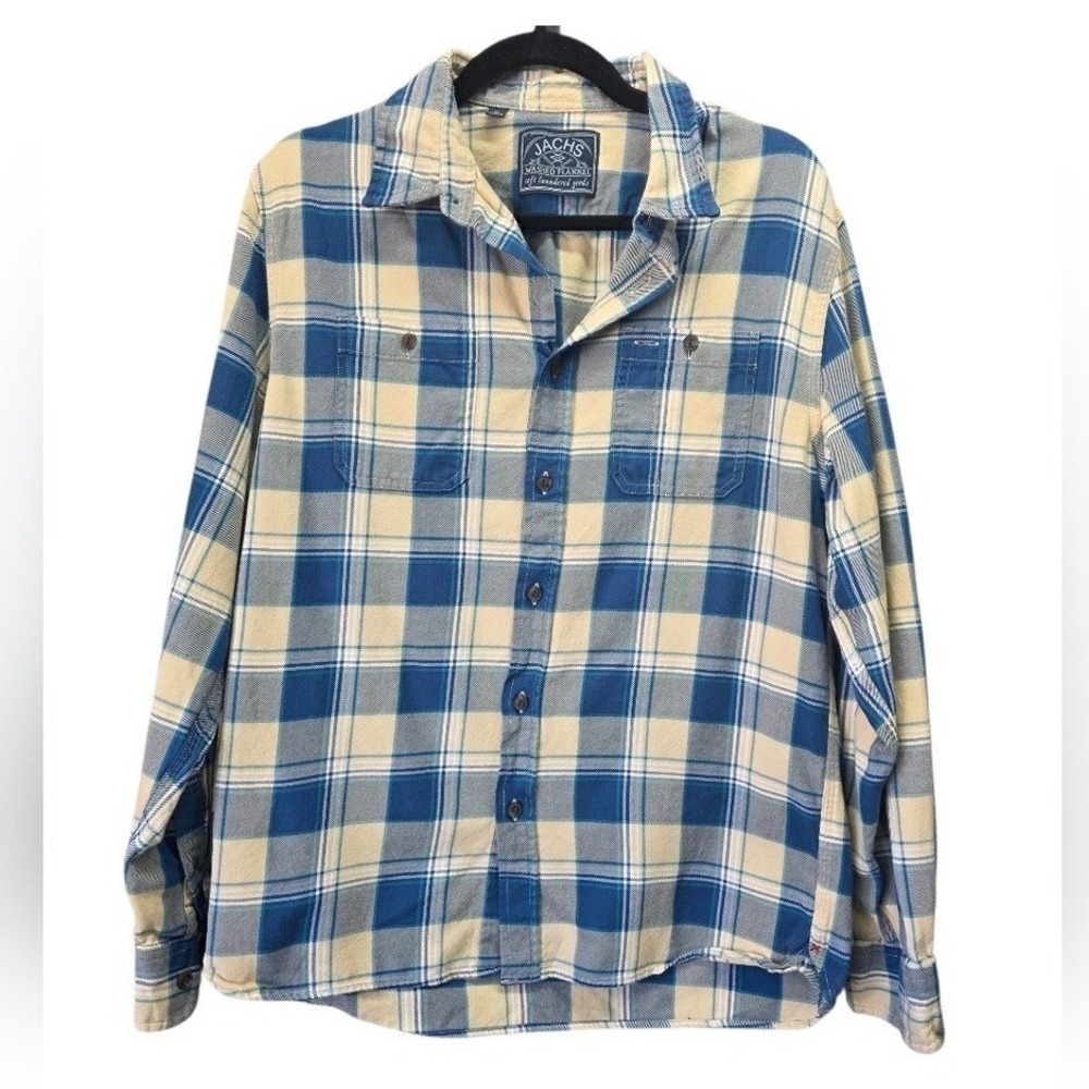 Jachs NYC Men's Medium Blue Cream Plaid Washed Flannel Button Down Shirt Grunge